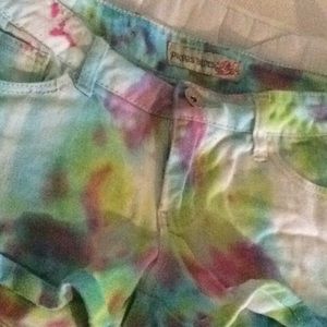 Rainbow colored denim shorts